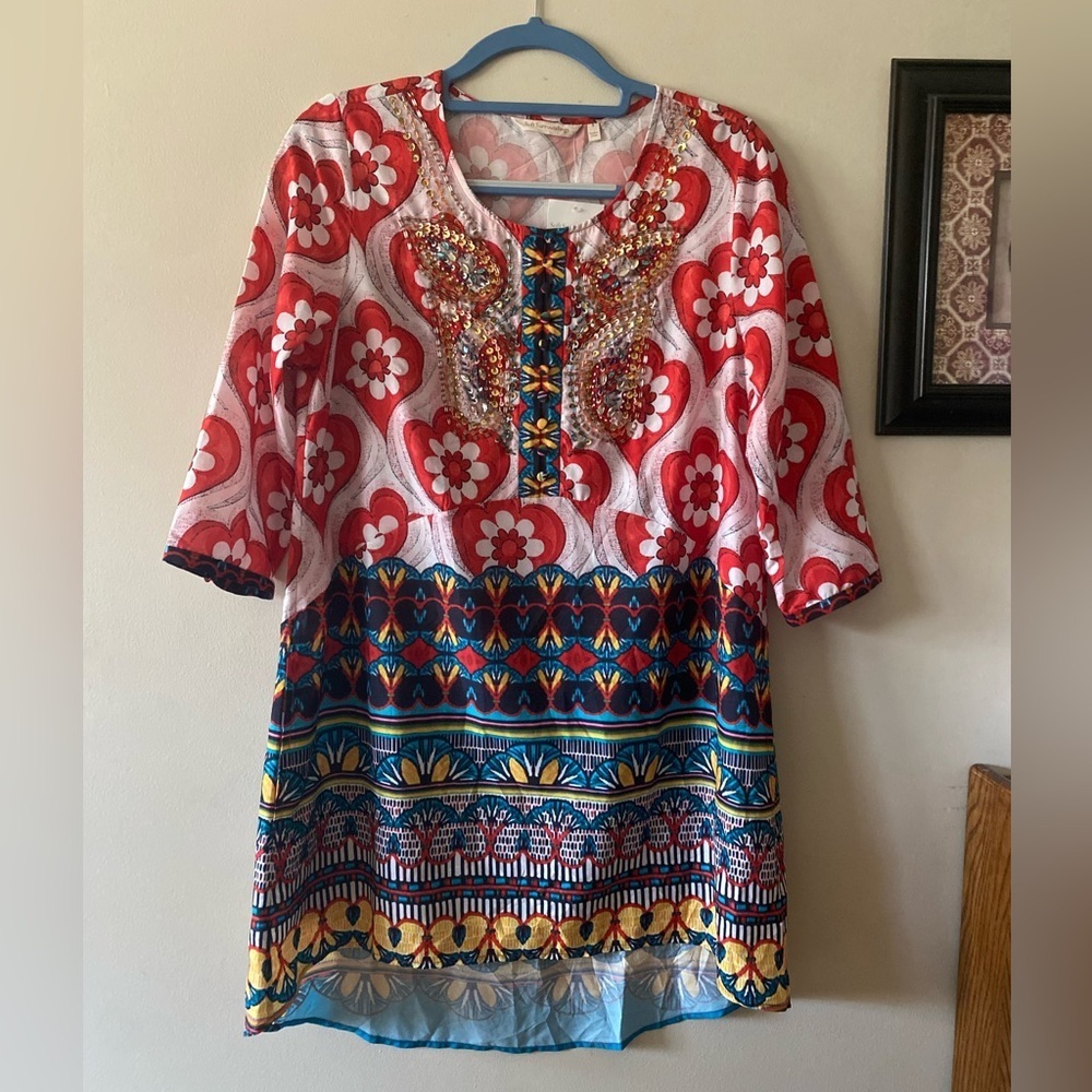 Soft Surroundings Red & Blue Embellished Mixed-Print Tunic dress 🆕
